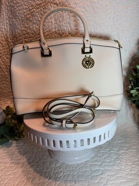 Anne Klein Cream Saffiano Dome Satchel with Gold Hardware
